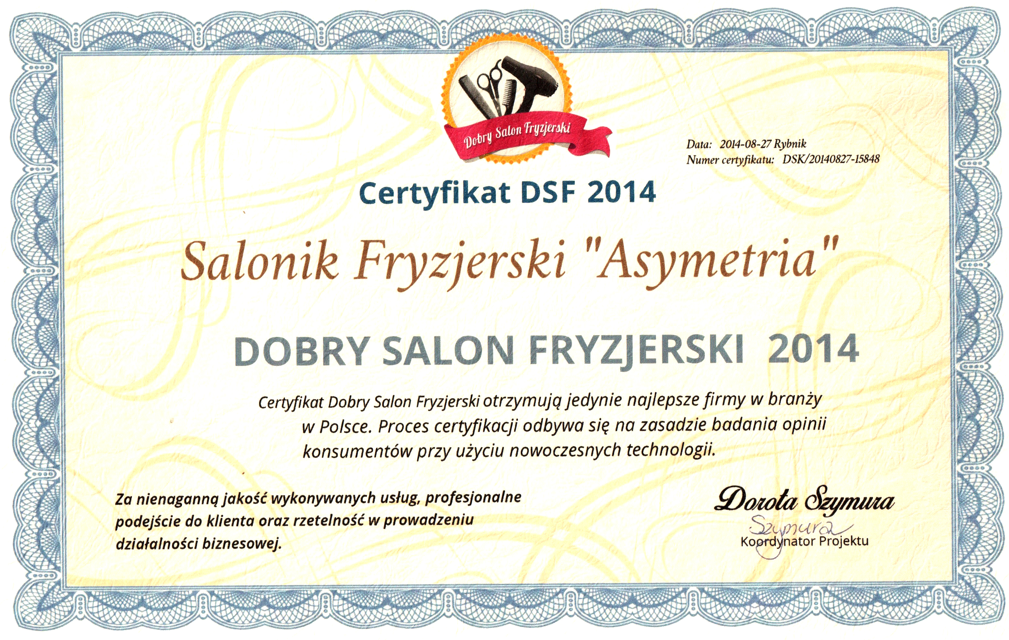 certyfikat_dobry_salon_fryzjerski_2014_dla_Asymetrii_Jaworzno